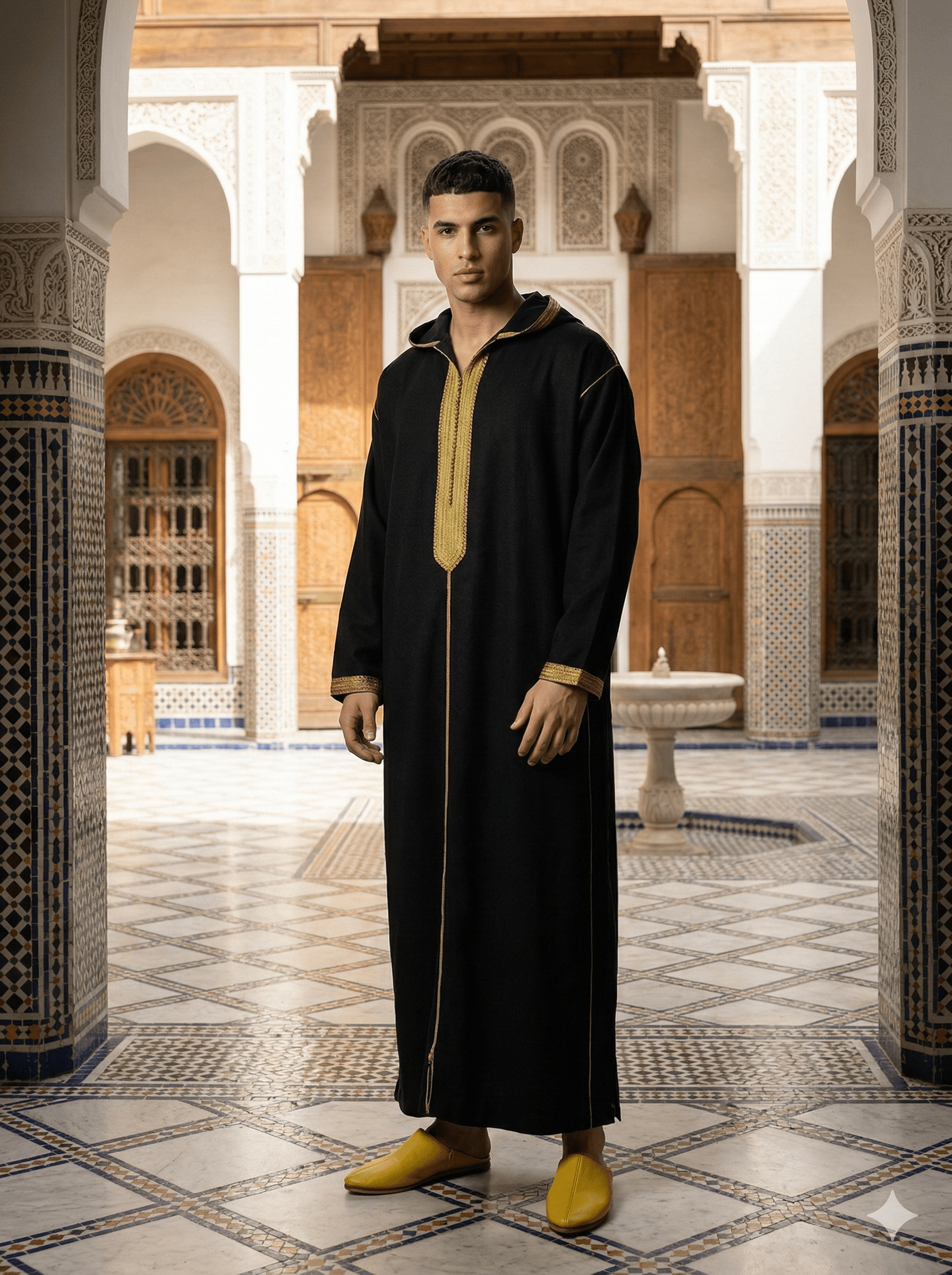 جلابة رجالية سوداء ملكية بتطريز ذهبي فاخر